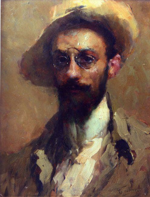 Portrait of a man with hat and glasses (Francesco Paolo Michetti?) by Cesare Tallone — hand-painted portrait oil painting reproduction on canvas