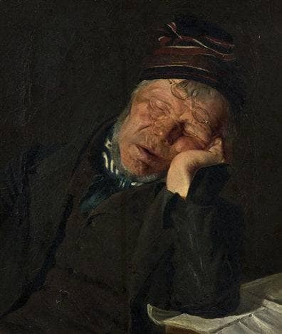 Portrait of a sleeping person with reading glasses by Karl Gussow — oil painting reproduction