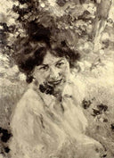 Portrait of a woman in a garden by Umberto Veruda — female oil painting wall art, Realism