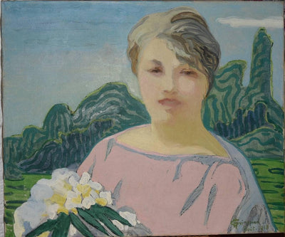 Portrait of a woman in pink in dining room