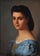 Portrait of a young girl in a blue dress in entryway