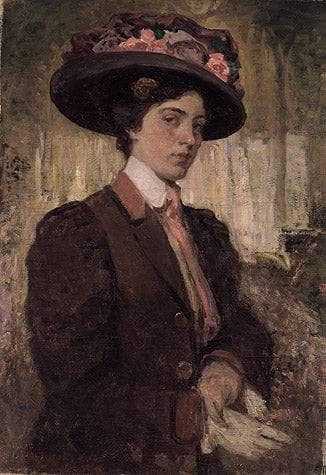 Portrait of a young, pretty woman with a large flower-trimmed hat and red-brown jacket by Isaac Israels — hand-painted portrait oil painting reproduction on canvas