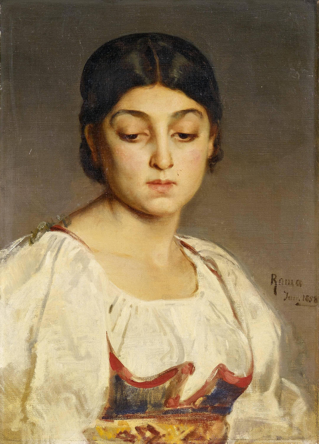 Portrait of a young Roman woman (June 1858) by Ludwig Knaus — hand-painted portrait oil painting reproduction on canvas