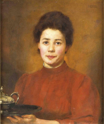Portrait of a young woman with a tray by Karl Gussow — oil painting reproduction