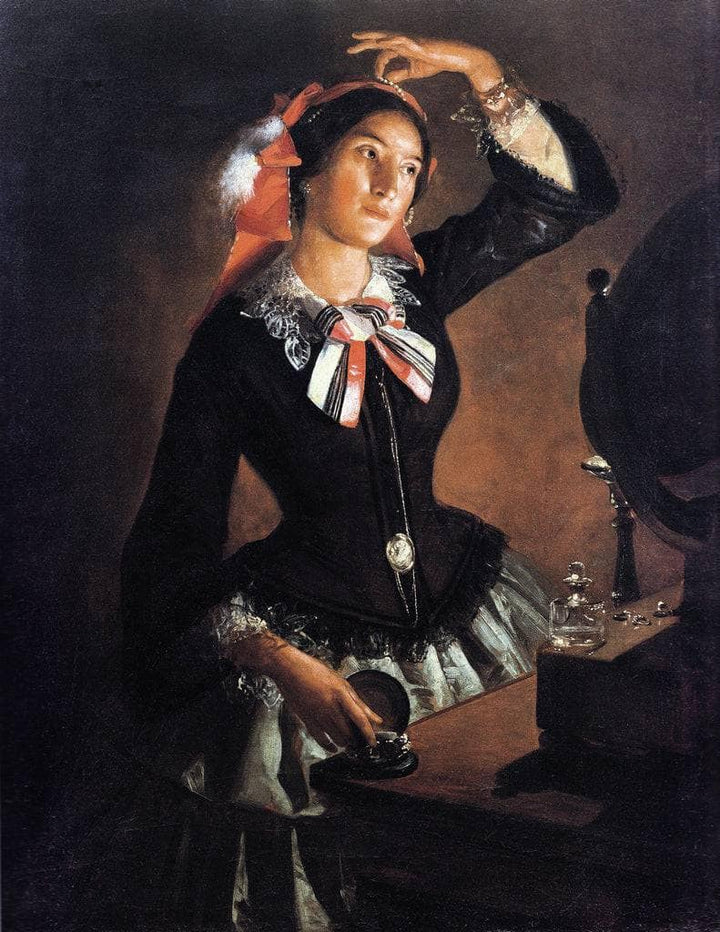 Portrait of Amanzia Guérillot at the mirror by Angelo Inganni — hand-painted portrait oil painting reproduction on canvas