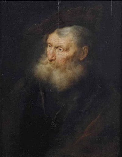 Portrait of an old man, bust-length, in a fur lined coat with a small pendant, and a velvet barrett in apartment