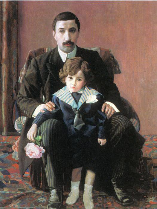 Portrait of Arman Frantsevich Aziber and his son by Pavel Filonov — hand-painted portrait oil painting reproduction on canvas