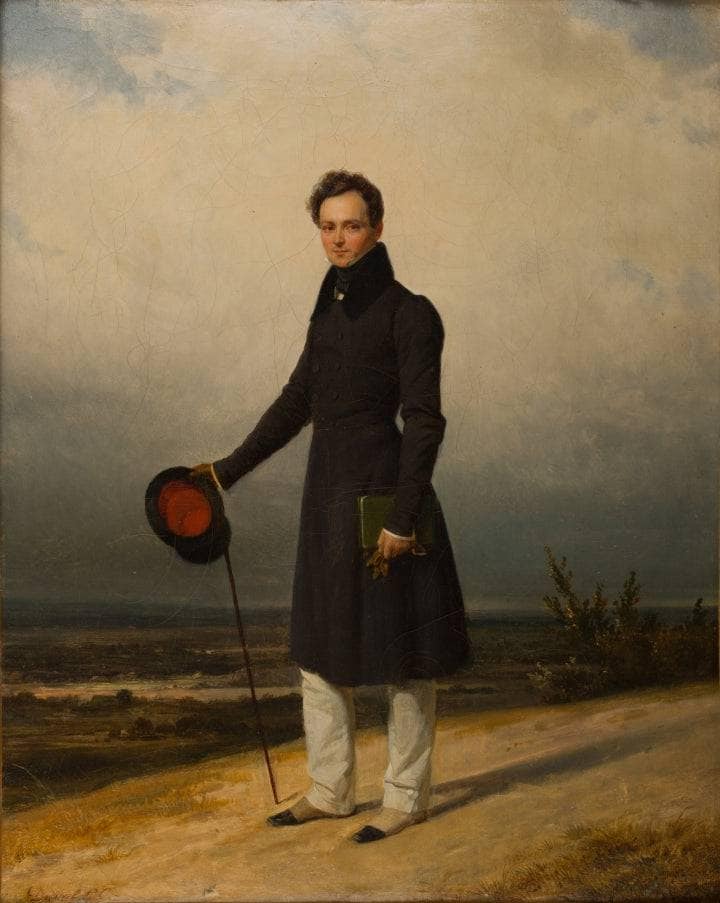 Portrait of Claude-Marie Dubufe against a landscape background
