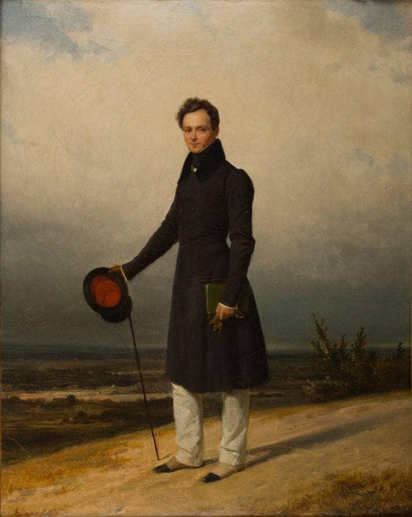 Portrait of Claude-Marie Dubufe against a landscape background