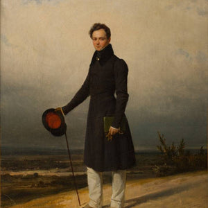 Portrait of Claude-Marie Dubufe against a landscape background