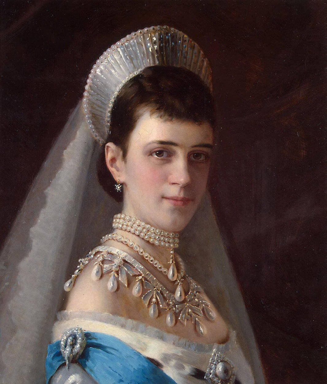 Portrait of Empress Maria Fiodorovna in a Head Dress Decorated with Pearls by Ivan Kramskoy — hand-painted portrait oil painting reproduction on canvas