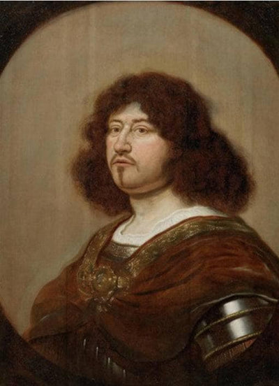 Portrait of gentleman, bust-length, in armour, within a painted oval in hallway