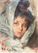 Portrait of girl with blue eyes by Umberto Veruda — female oil painting wall art, Realism