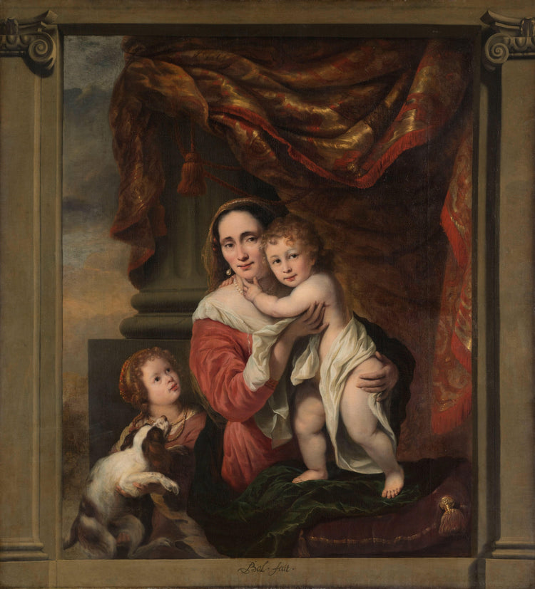 Portrait of Johanna De Geer with Her Two Children Cecilia and Laurens Trip as Caritas - Ferdinand Bol