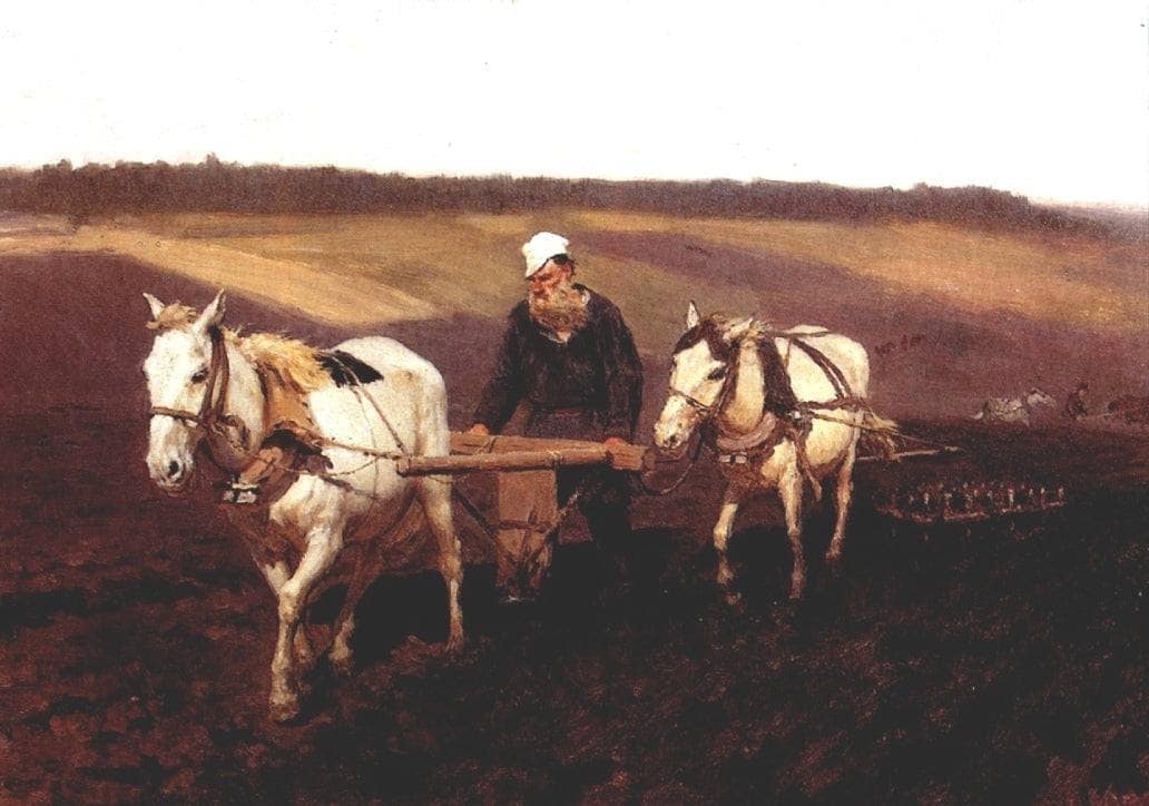Portrait of Leo Tolstoy as a Ploughman on a Field by Ilya Repin — hand-painted animal oil painting reproduction on canvas