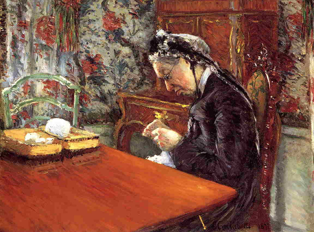 Portrait of Mademoiselle Boissiere Knitting by Gustave Caillebotte — hand-painted portrait oil painting reproduction on canvas