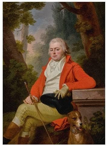 PORTRAIT OF PRINCE ALEXEI GOLITSYN WITH HIS DOG, SEATED IN A WOODED LANDSCAPE by Joseph Kreutzinger — oil painting reproduction
