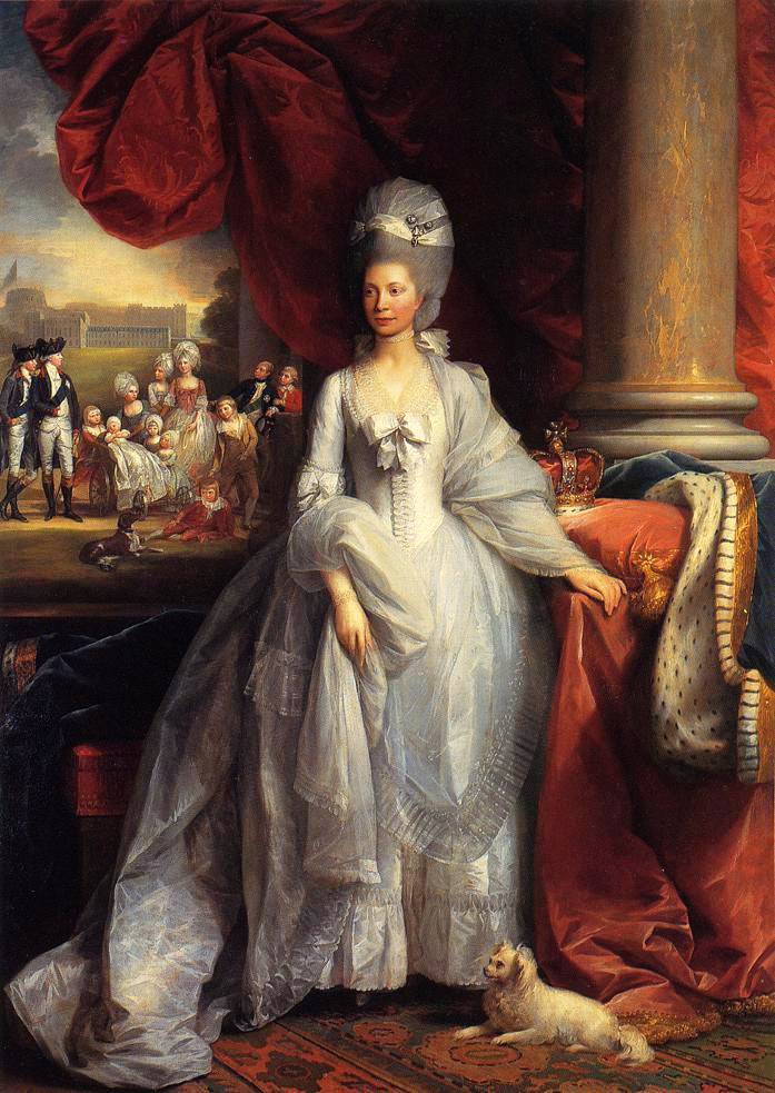 Portrait of Queen Charlotte of the United Kingdom, with Windsor and the royal family in the background - Benjamin West