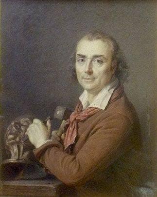 Portrait of Sculptor Jean-Antoine Houdon working at the bust of Voltaire in master bedroom
