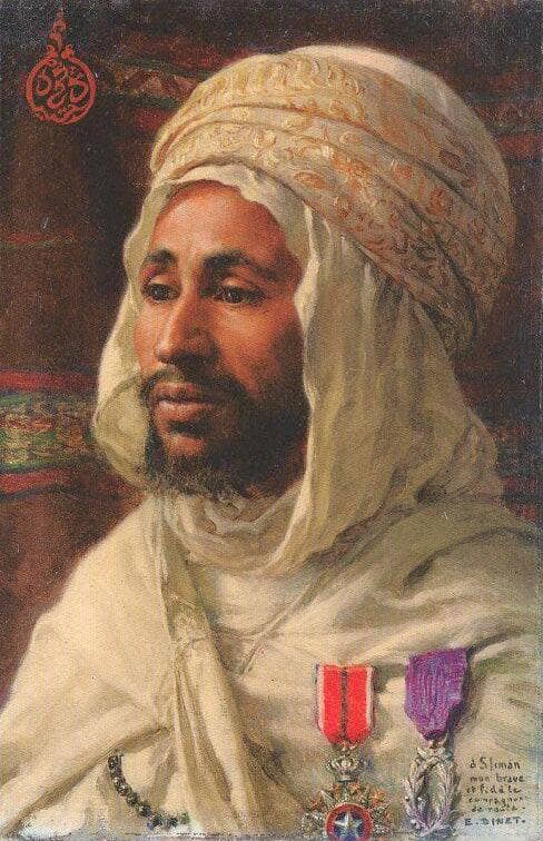 Portrait of Sliman Ben Ibrahim with Nichan El Anouar and Palmes Académiques Decorations