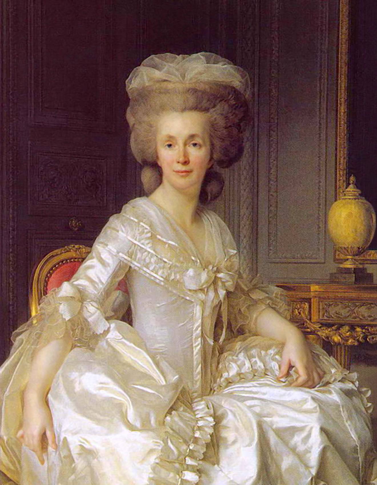 Portrait of Suzanne Curchod (Madame Jacques Necker) Wearing a White Satin Dress - Joseph Duplessis