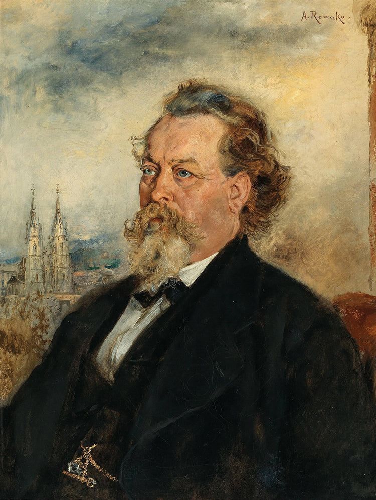 Portrait of the architect Wilhelm Bücher, in the background the Admont Collegiate Church - Anton Romako