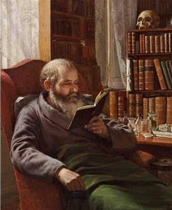 Portrait of the artist's foster father, professor, zoologist Henrik Nicolai Krøyer, sitting in a red armchair. He is reading in a book by Peder Severin Kroyer — hand-painted portrait oil painting reproduction on canvas