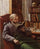 Portrait of the artist's foster father, professor, zoologist Henrik Nicolai Krøyer, sitting in a red armchair. He is reading in a book in entryway