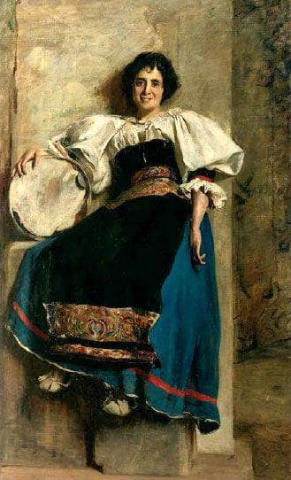 Portrait of the sister of the painter Giuseppina Tallone in Scribante in Ciociara costume by Cesare Tallone — hand-painted portrait oil painting reproduction on canvas