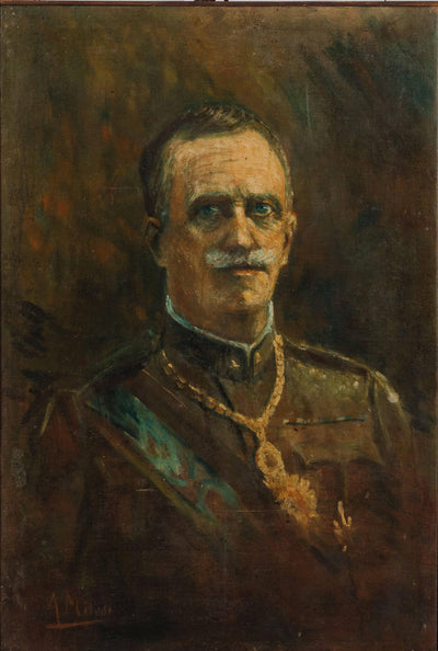 Portrait of Vittorio Emanuele III, king of Italy, in full uniform with the great collar of the Order of the Santissima Annunziata in entryway
