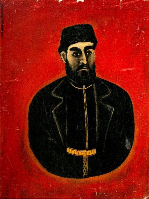 Portrait of wine-pub owner on a red background by Niko Pirosmani — hand-painted portrait oil painting reproduction on canvas