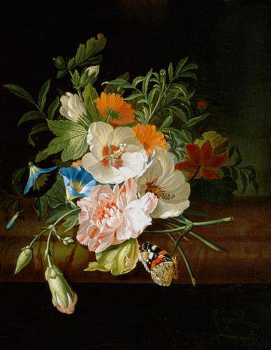 Posy of Flowers, with a Red Admiral Butterfly, on a Marble Ledge - Rachel Ruysch