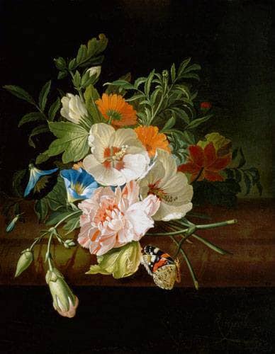 Posy of Flowers, with a Red Admiral Butterfly, on a Marble Ledge in apartment