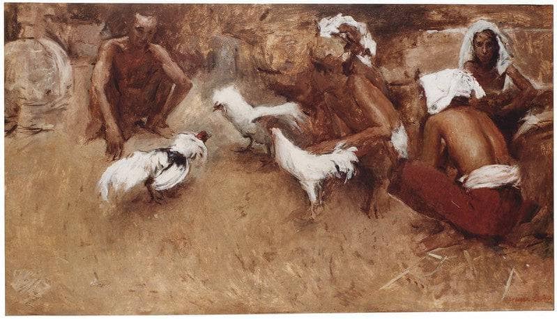 Preparing for the cockfight by Romualdo Locatelli — hand-painted portrait oil painting reproduction on canvas