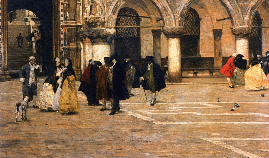 Promenade in the Piazzetta by Giacomo Favretto — hand-painted architectural oil painting reproduction on canvas