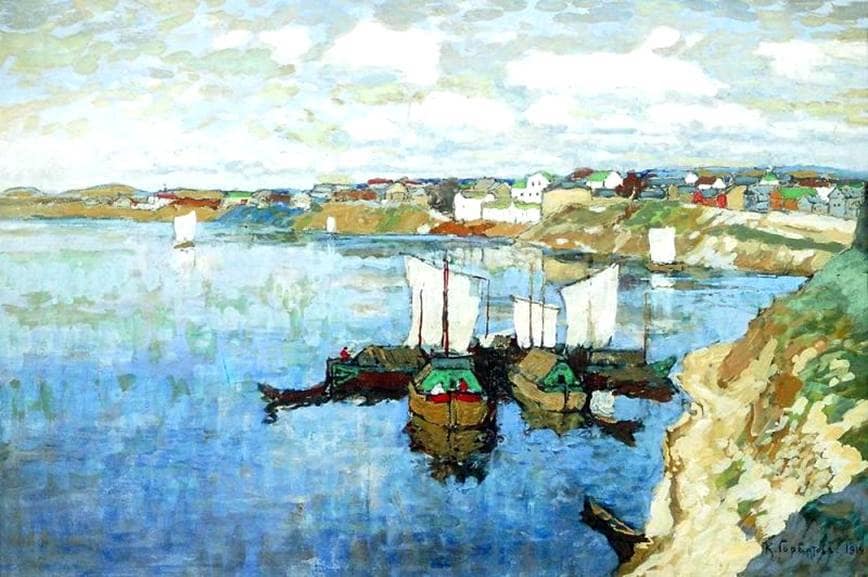 Pscov City. on the River Velikaya by Konstantin Gorbatov — hand-painted landscape oil painting reproduction on canvas