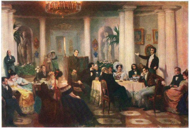 Pushkin and his friends listen to Mickiewicz in the salon of Princess Zinaida Volkonskaya by Grigoriy Myasoyedov — hand-painted portrait oil painting reproduction on canvas