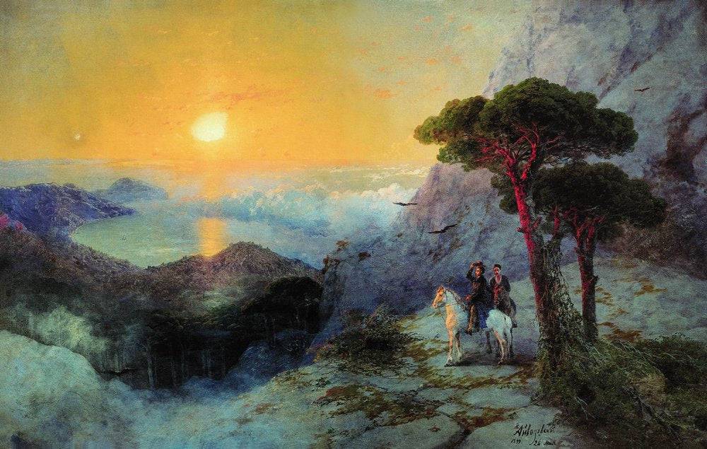 Pushkin at the top of the Ai-Petri Mountain at sunrise - Ivan Aivazovsky