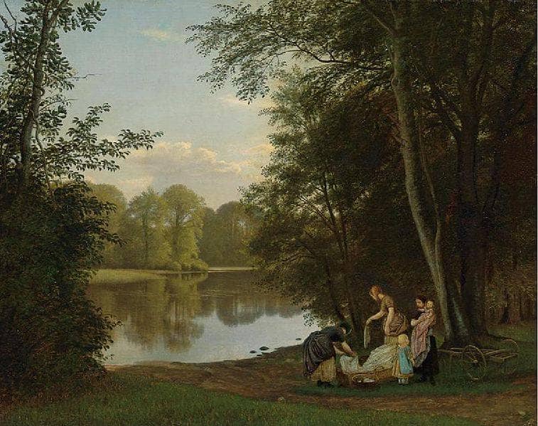 Quiet summer evening at a lake in the forest. Young women are washing clothes in Bondedammen in Hellebaek by P. C. Skovgaard — hand-painted landscape oil painting reproduction on canvas