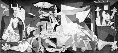 Guernica by Pablo Picasso, a grey, black and white scene of a screaming horse at the centre, a bull standing over a woman who holds a dead child, a severed arm gripping a broken sword, and a lamp shaped like an eye overhead.
