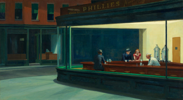 Nighthawks by Edward Hopper, four figures at the counter of a brightly lit all-night diner seen through a curved glass window on a dark street corner.