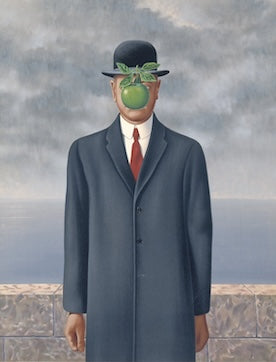 The Son of Man by René Magritte, a man in a dark overcoat and bowler hat standing in front of a low wall and the sea, his face hidden by a floating green apple.