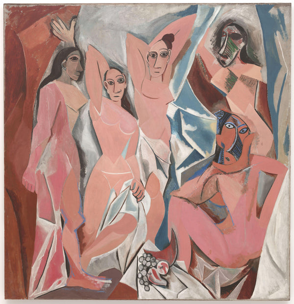 Les Demoiselles d'Avignon by Pablo Picasso, five nude women with angular pink bodies, the two on the right wearing mask-like faces.