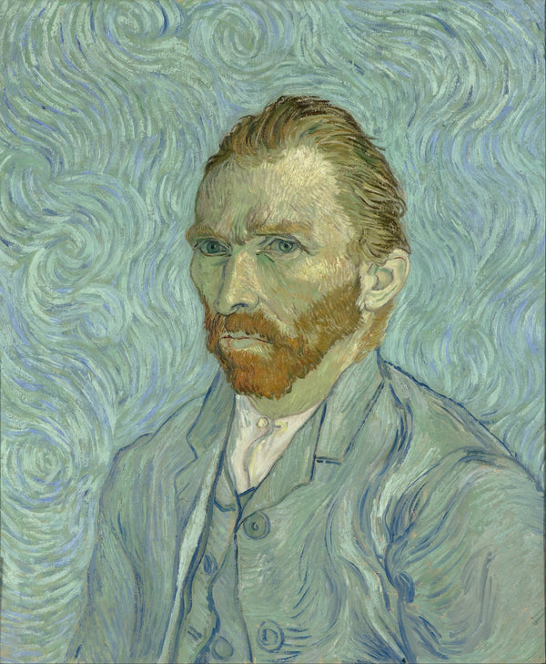 Self-Portrait (1889) by Vincent van Gogh, the artist in a blue jacket against a swirling blue-green background.