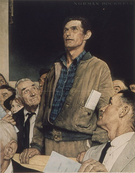 Freedom of Speech by Norman Rockwell, a man in a work jacket and plaid shirt standing among seated men and looking up as he speaks, a folded town report in his jacket pocket and the men nearest him turning their faces up towards him.