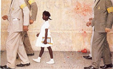 The Problem We All Live With by Norman Rockwell, a girl in a white dress carrying schoolbooks and a ruler walking past a wall marked by a racial slur and the splatter of a thrown tomato, escorted by four men in suits and armbands shown from shoulder to knee.