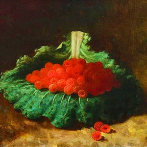 Raspberries On A Green Cabbage Leaf