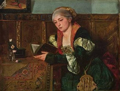 Reading Lady in Renaissance Dress in bedroom