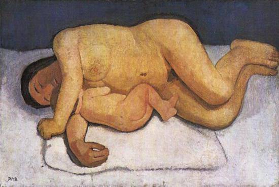 Reclining Mother and Child by Paula Modersohn-Becker — hand-painted portrait oil painting reproduction on canvas