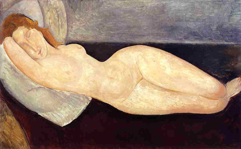 Reclining nude with head resting on right arm on gallery wrap
